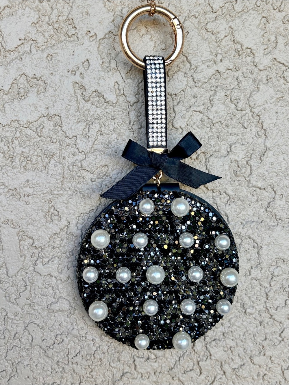 Sparkling Black Rhinestone & Pearl Dual Sided Mirror/Keychain/Bag Charm